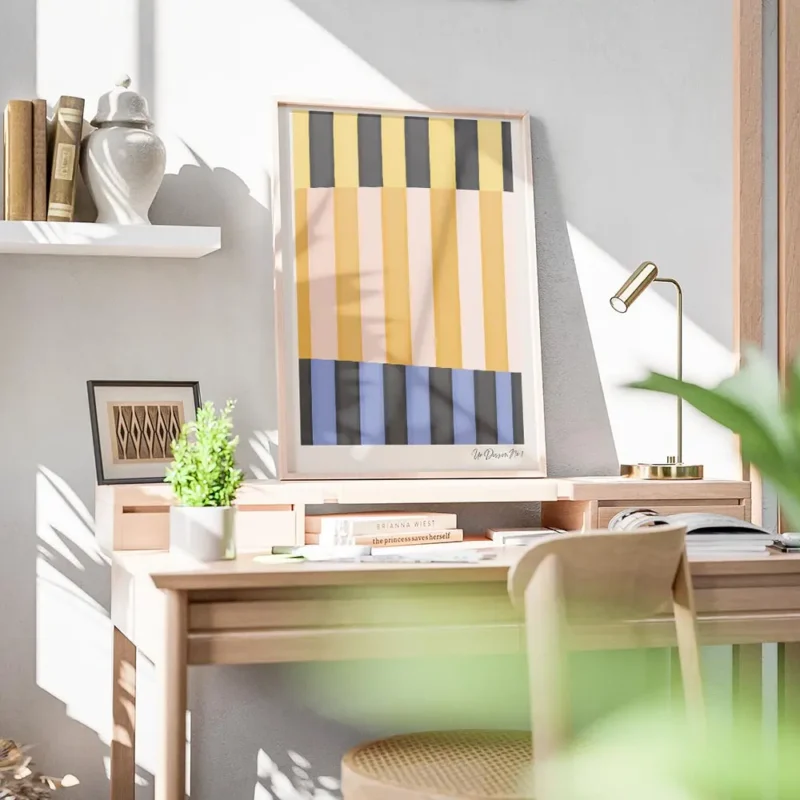 affiche dart abstrait moderne avec des rayures colorees en jaune orange rose ble bureau.webp