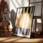 affiche dart abstrait moderne avec des rayures colorees en jaune orange rose ble encadre.webp