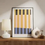 affiche dart abstrait moderne avec des rayures colorees en jaune orange rose ble meuble.webp