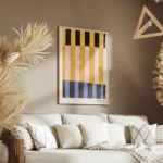 affiche dart abstrait moderne avec des rayures colorees en jaune orange rose ble salon.webp