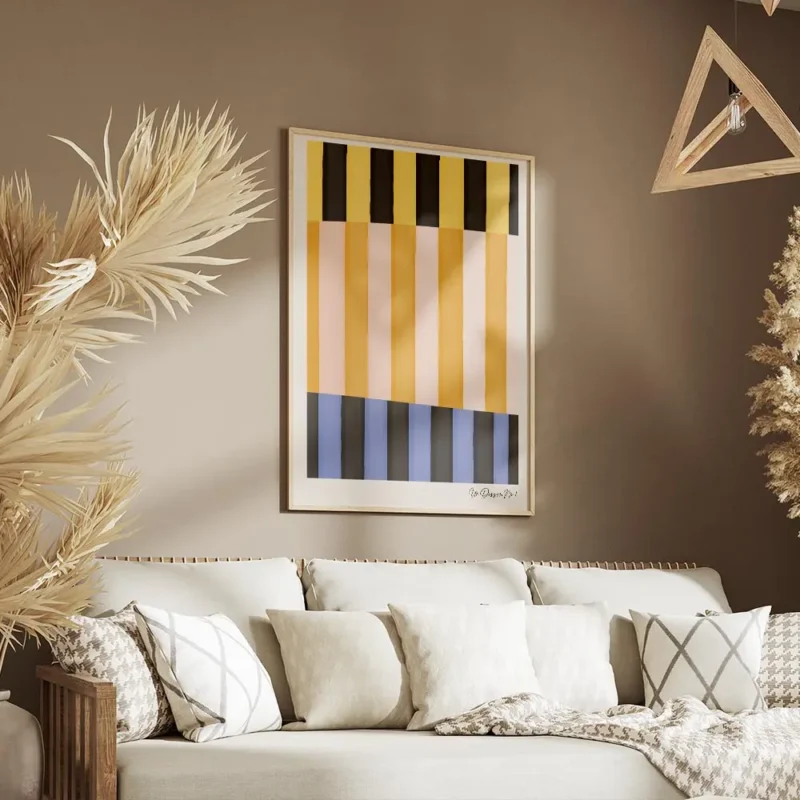 affiche dart abstrait moderne avec des rayures colorees en jaune orange rose ble salon.webp