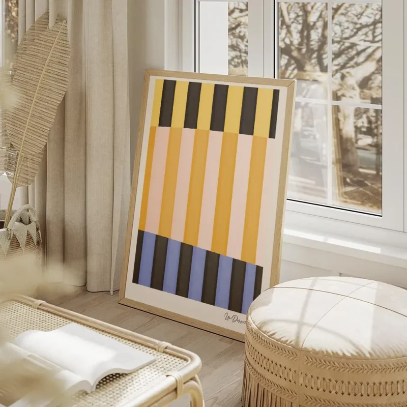 affiche dart abstrait moderne avec des rayures colorees en jaune orange rose ble salon beige.webp