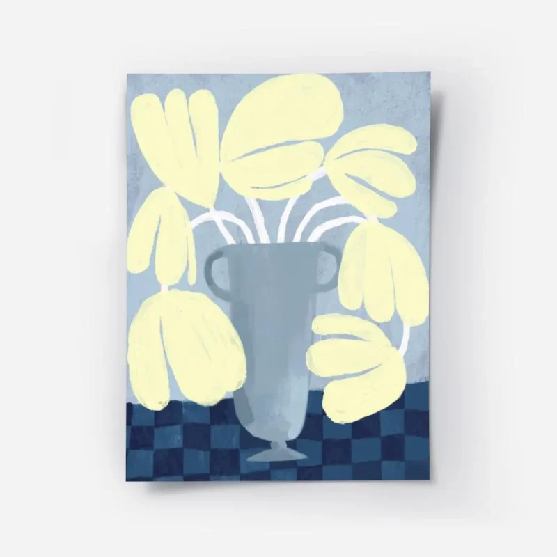 affiche dart abstrait moderne de fleurs jaunes dans un vase bleu sur un fond ble.webp