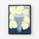 affiche dart abstrait moderne de fleurs jaunes dans un vase bleu sur un fond ble avec cadre.webp