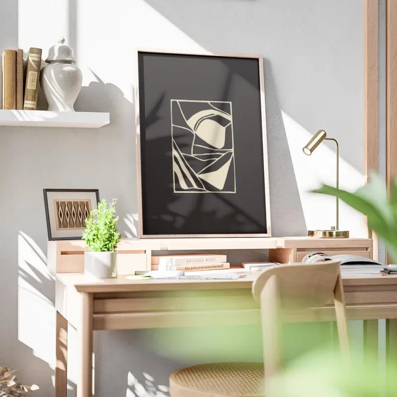 affiche dart abstrait noir et blanc contraste avec des formes geometriques blanc bureau.webp