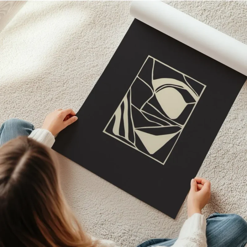 affiche dart abstrait noir et blanc contraste avec des formes geometriques blanc en rouleau.webp