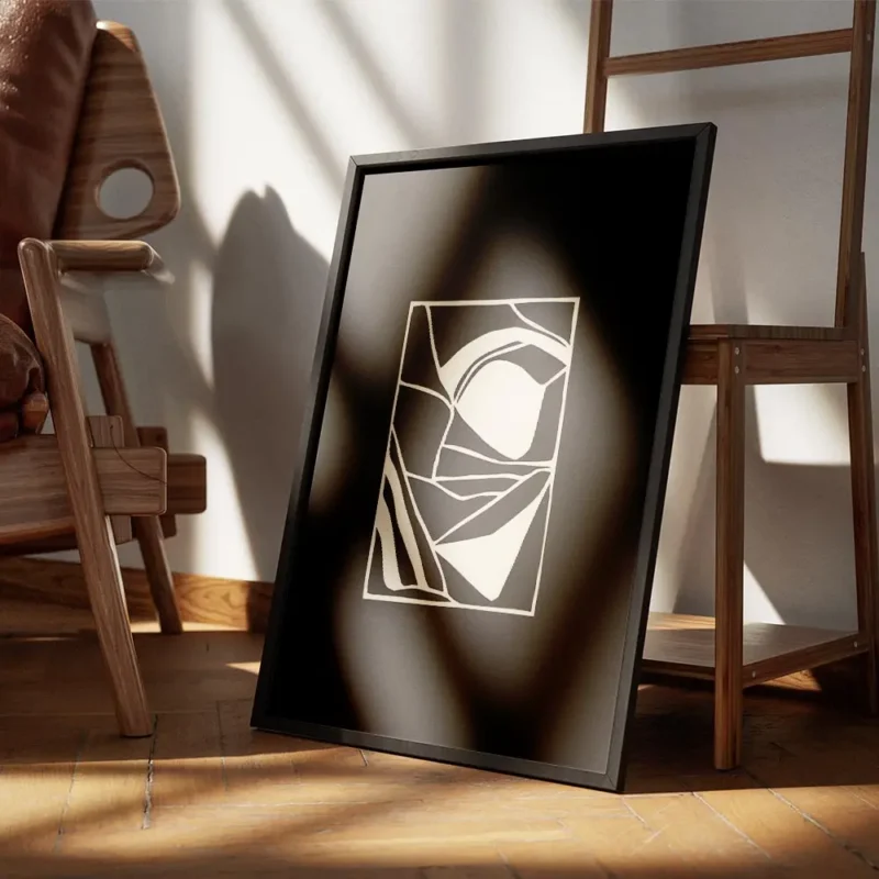 affiche dart abstrait noir et blanc contraste avec des formes geometriques blanc encadre.webp