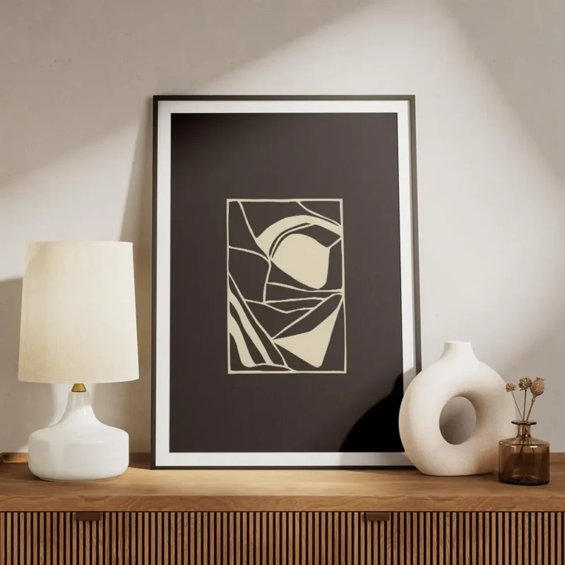 affiche dart abstrait noir et blanc contraste avec des formes geometriques blanc meuble.webp