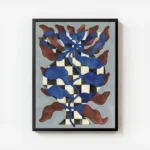 affiche dart abstrait representant un vase a damier noir et blanc avec des eleme avec cadre.webp