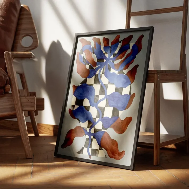 affiche dart abstrait representant un vase a damier noir et blanc avec des eleme encadre.webp