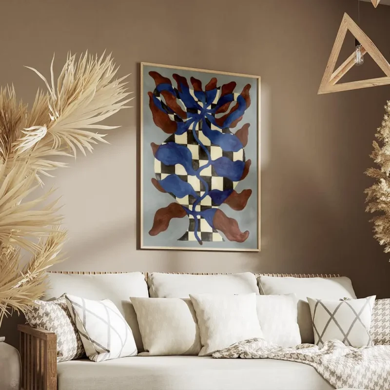 affiche dart abstrait representant un vase a damier noir et blanc avec des eleme salon.webp