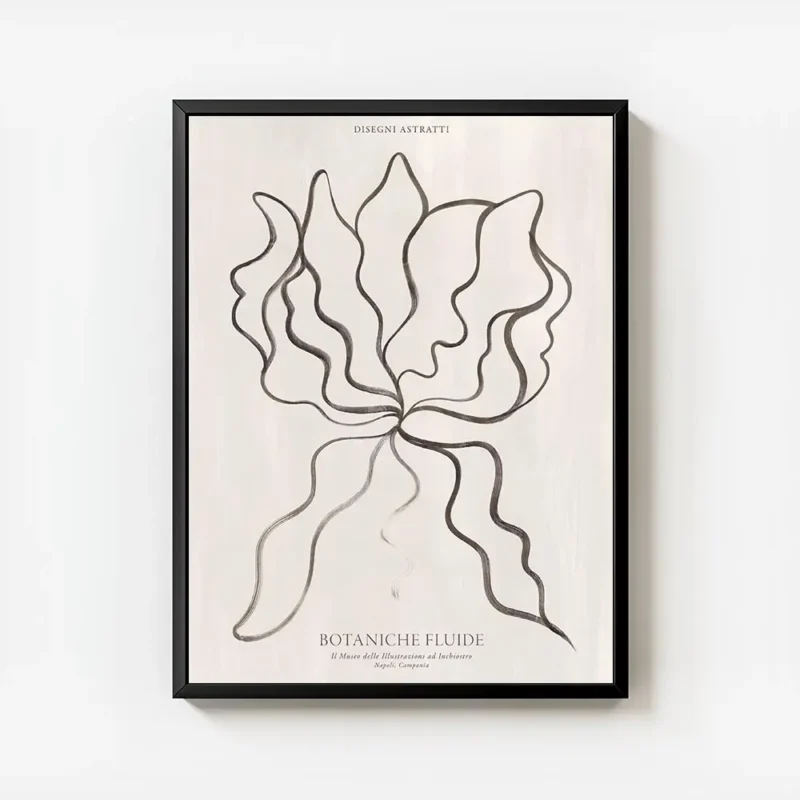 affiche dart botanique fluide aux lignes ondulees noires sur fond blanc creant u avec cadre.webp