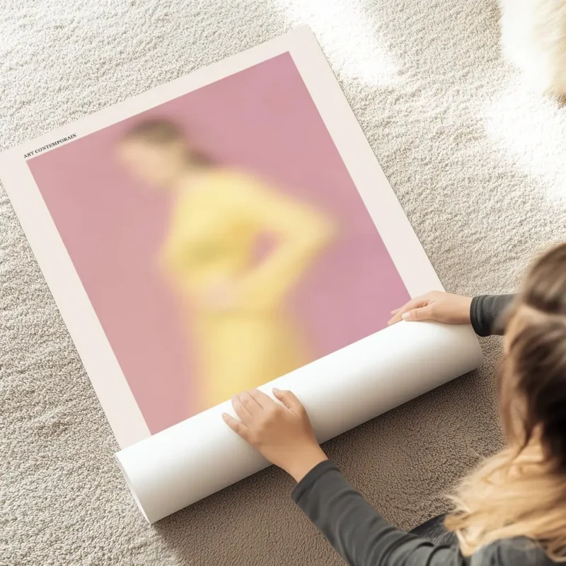 affiche dart contemporain representant une silhouette floue en pastel rose et ja au sol.webp
