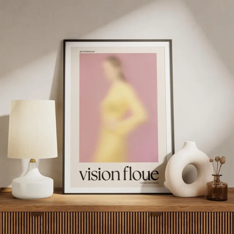 affiche dart contemporain representant une silhouette floue en pastel rose et ja meuble.webp