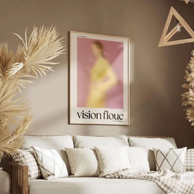 affiche dart contemporain representant une silhouette floue en pastel rose et ja salon.webp