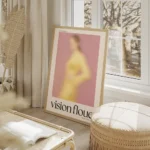 affiche dart contemporain representant une silhouette floue en pastel rose et ja salon beige.webp