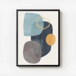 affiche dart graphique abstrait avec des formes organiques bleues grises et oran avec cadre.webp