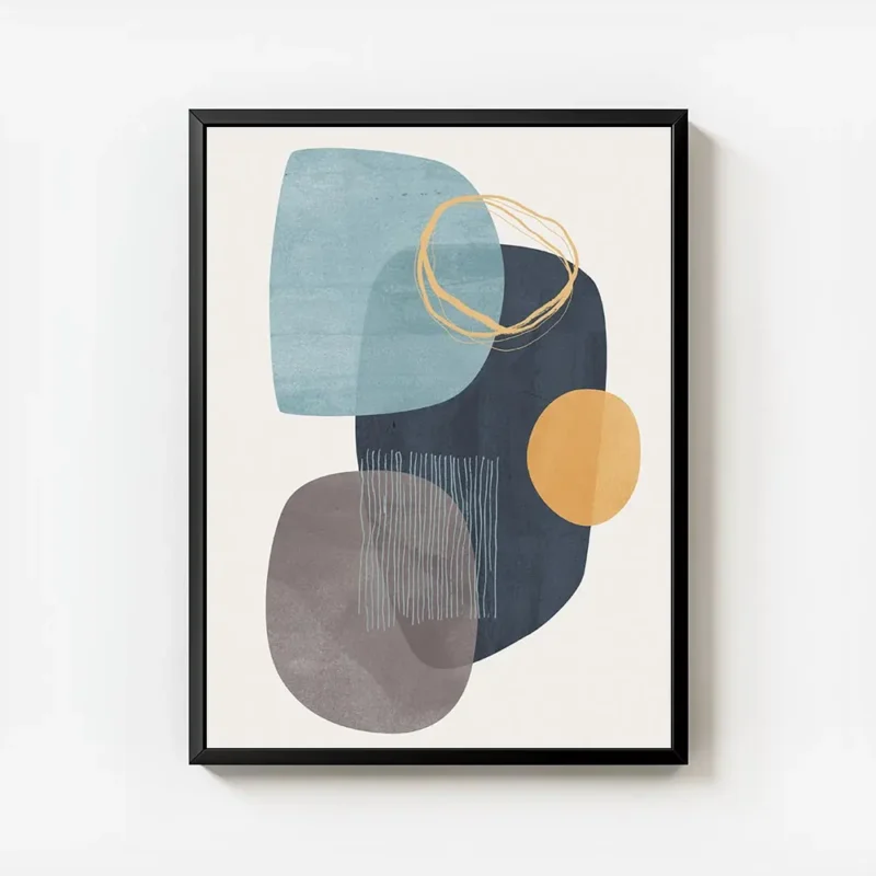 affiche dart graphique abstrait avec des formes organiques bleues grises et oran avec cadre.webp