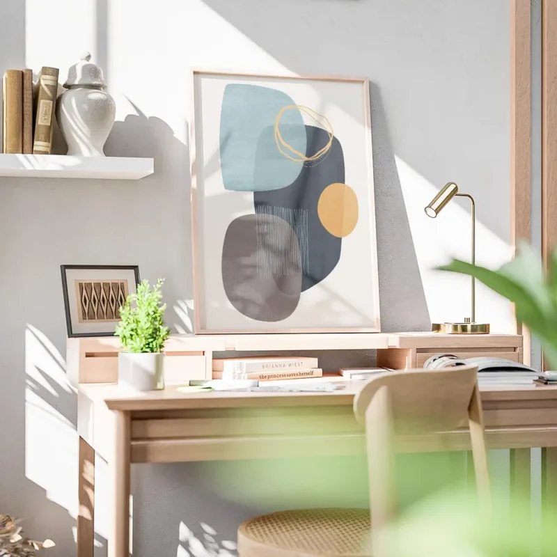 affiche dart graphique abstrait avec des formes organiques bleues grises et oran bureau.webp