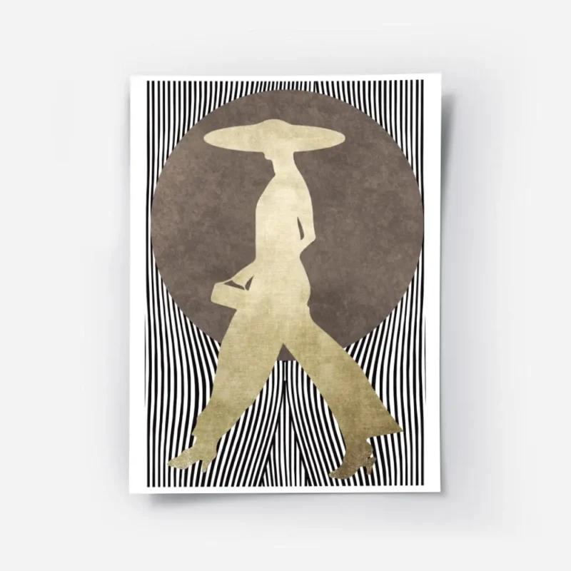 affiche dart graphique silhouette doree dune femme avec chapeau sur fond de pois.webp