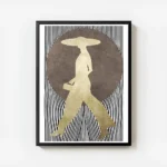 affiche dart graphique silhouette doree dune femme avec chapeau sur fond de pois avec cadre.webp