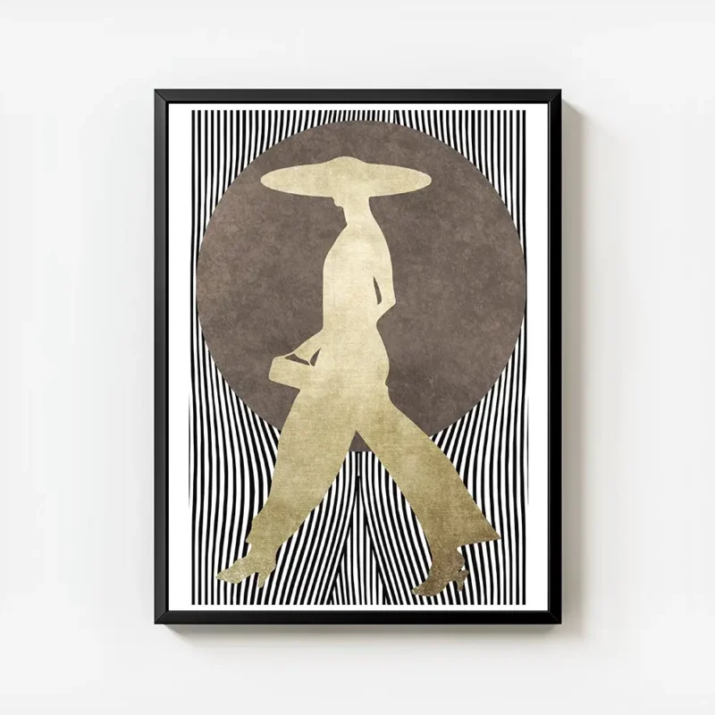 affiche dart graphique silhouette doree dune femme avec chapeau sur fond de pois avec cadre.webp