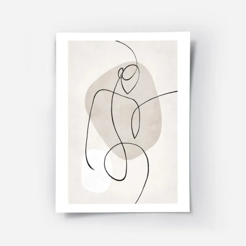 affiche dart lineaire abstraite avec un corps noir et des formes beiges et blanc.webp