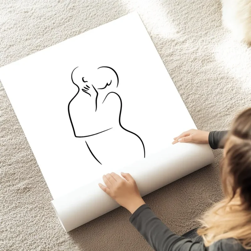 affiche dart lineaire montrant un couple sembrassant sur un fond blanc typograph au sol.webp