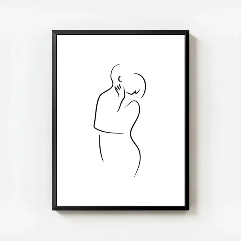 affiche dart lineaire montrant un couple sembrassant sur un fond blanc typograph avec cadre.webp