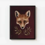 affiche dart renard avec typographie de tete de renard orange et noire sur fond avec cadre.webp