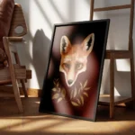 affiche dart renard avec typographie de tete de renard orange et noire sur fond encadre.webp