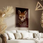 affiche dart renard avec typographie de tete de renard orange et noire sur fond salon.webp