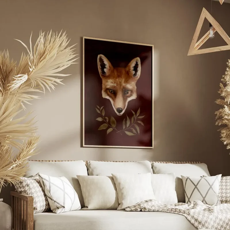 affiche dart renard avec typographie de tete de renard orange et noire sur fond salon.webp