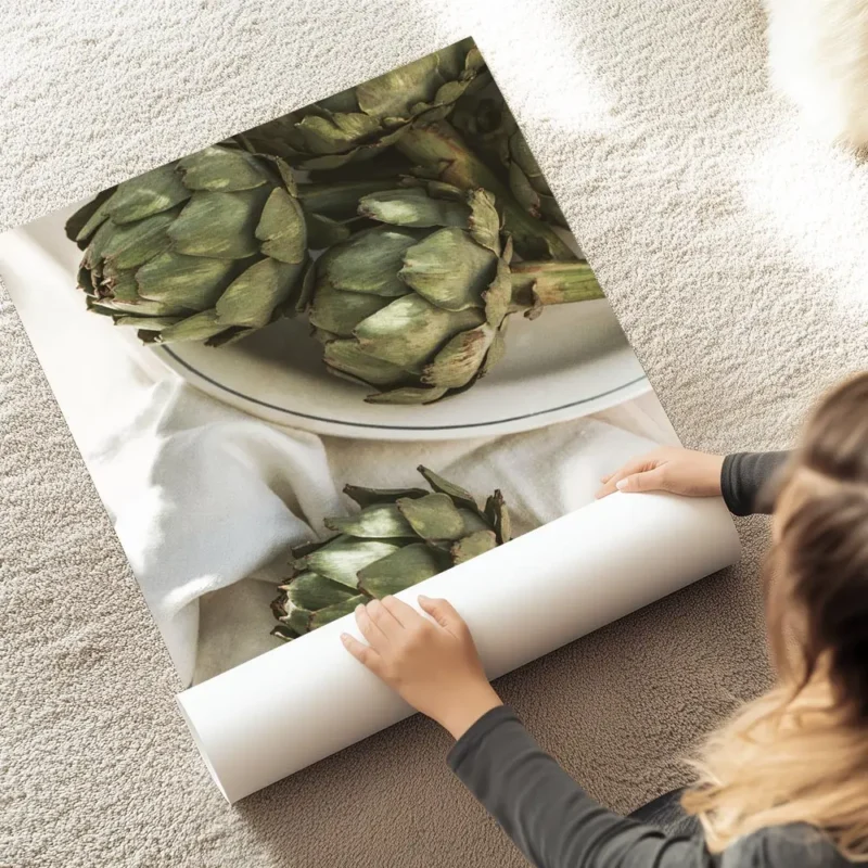 affiche dartichauts verts frais sur une assiette en ceramique blanche et un torc au sol.webp