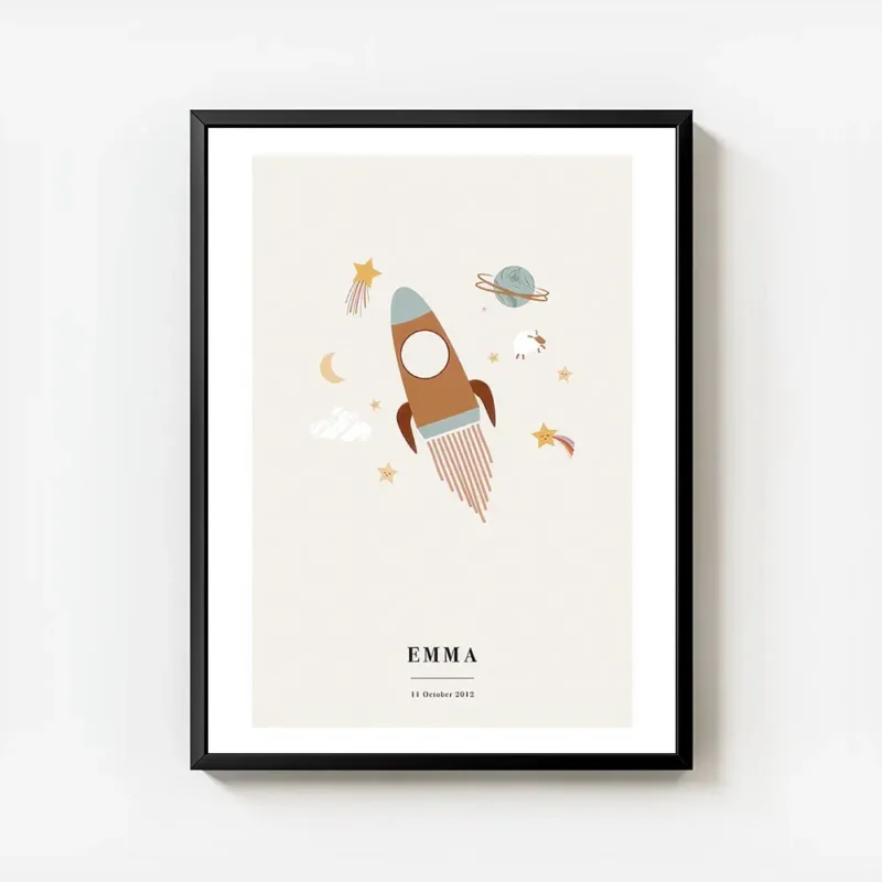 affiche dastronomie personnalisee avec une fusee des planetes des etoiles et des avec cadre.webp