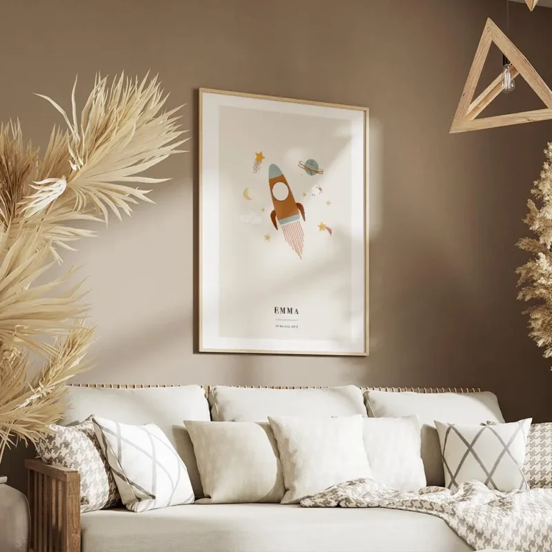 affiche dastronomie personnalisee avec une fusee des planetes des etoiles et des salon.webp