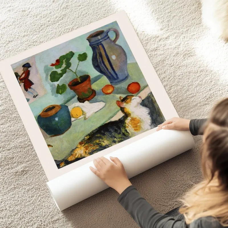 affiche daugust macke nature morte coloree avec un chat domestique des pots et d au sol.webp