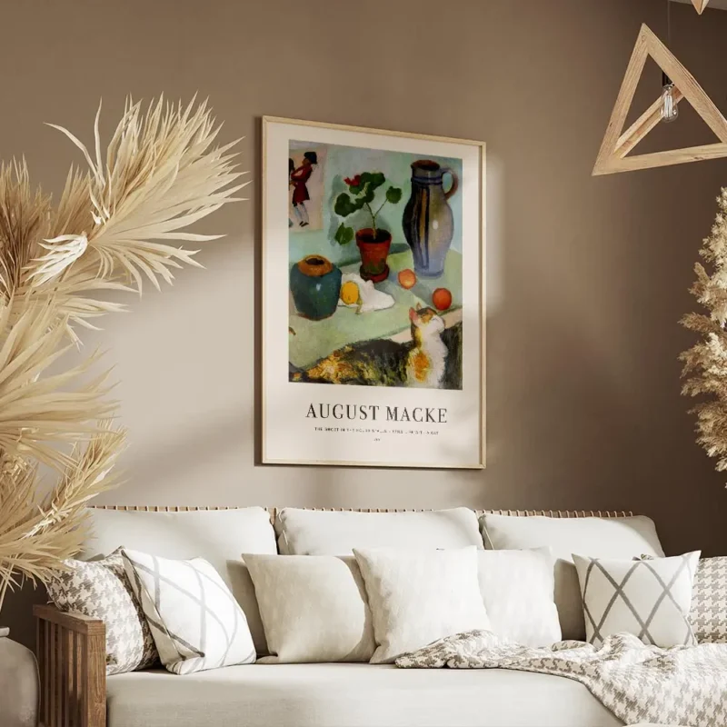 affiche daugust macke nature morte coloree avec un chat domestique des pots et d salon.webp