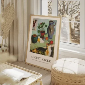 affiche daugust macke nature morte coloree avec un chat domestique des pots et d salon beige.webp