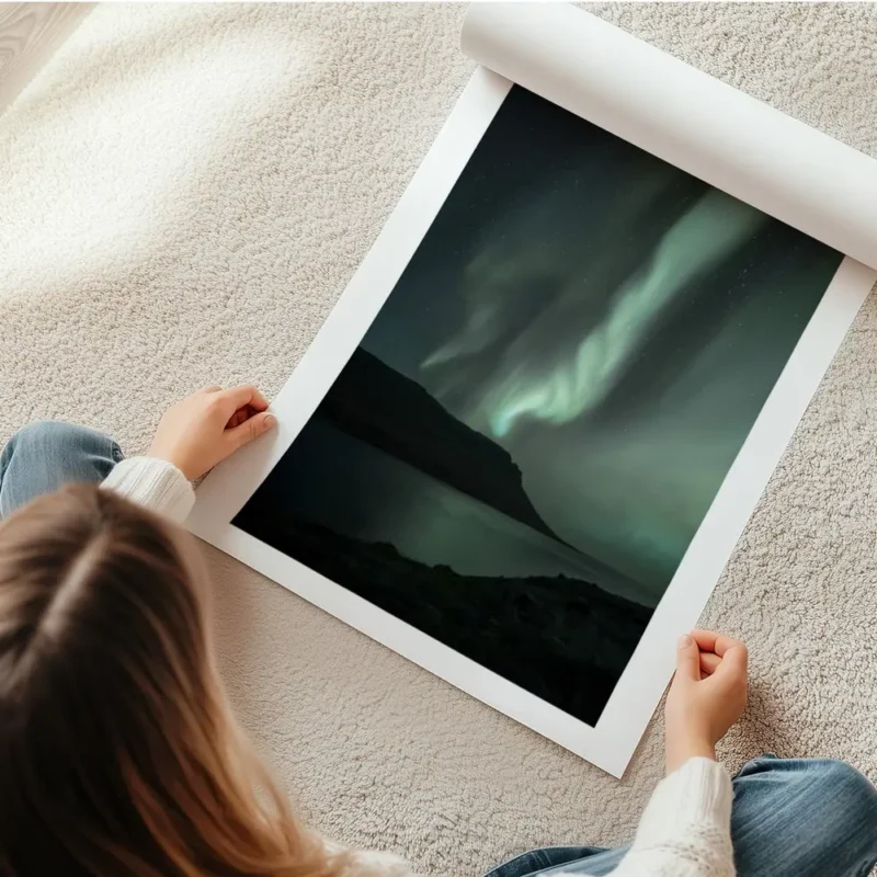 affiche daurores boreales vertes illuminant le ciel etoile au dessus de montagne en rouleau.webp