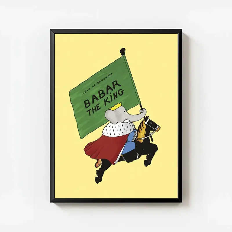 affiche de babar le roi a cheval sur fond jaune illustration de jean de brunhoff avec cadre.webp