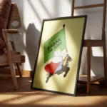 affiche de babar le roi a cheval sur fond jaune illustration de jean de brunhoff encadre.webp