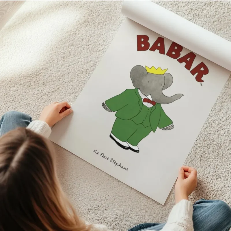 affiche de babar lelephant vetu dun costume vert et dun n ud papillon rouge sur en rouleau.webp