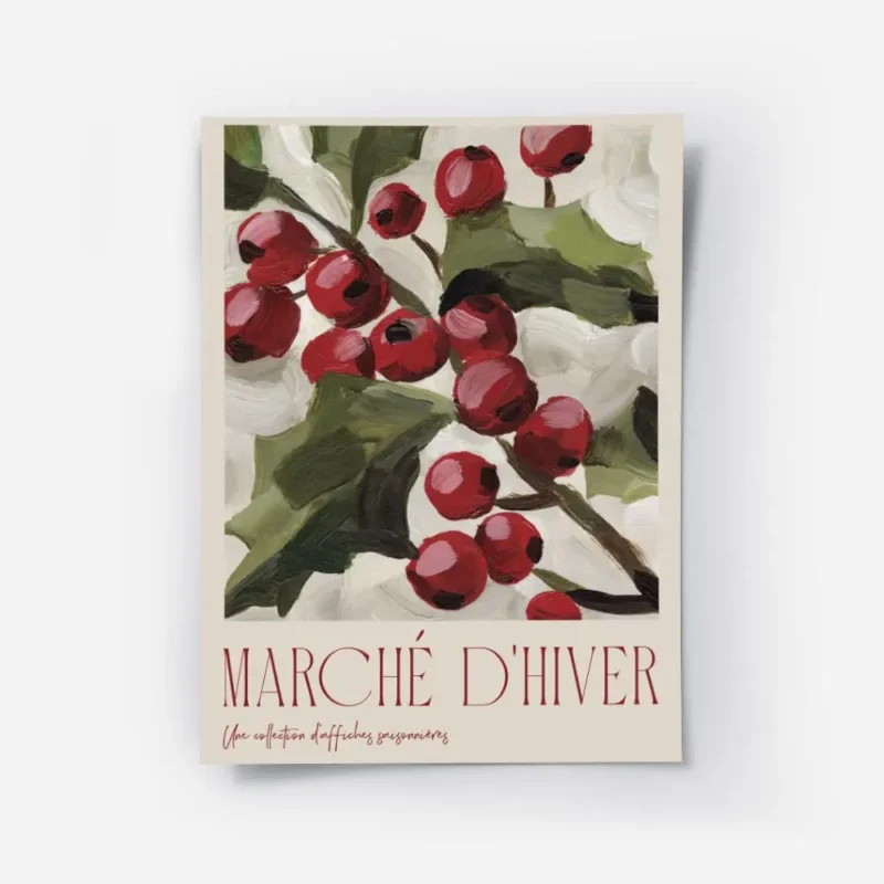 affiche de baies rouges et feuilles vertes sur fond beige avec le texte marche d.webp