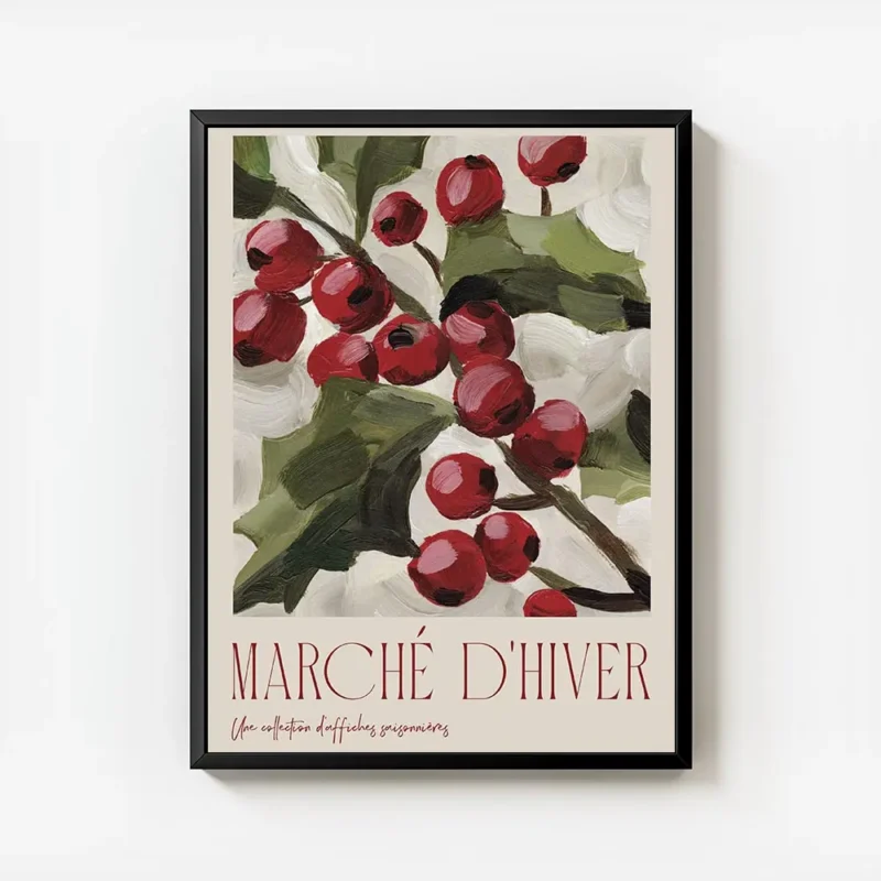 affiche de baies rouges et feuilles vertes sur fond beige avec le texte marche d avec cadre.webp