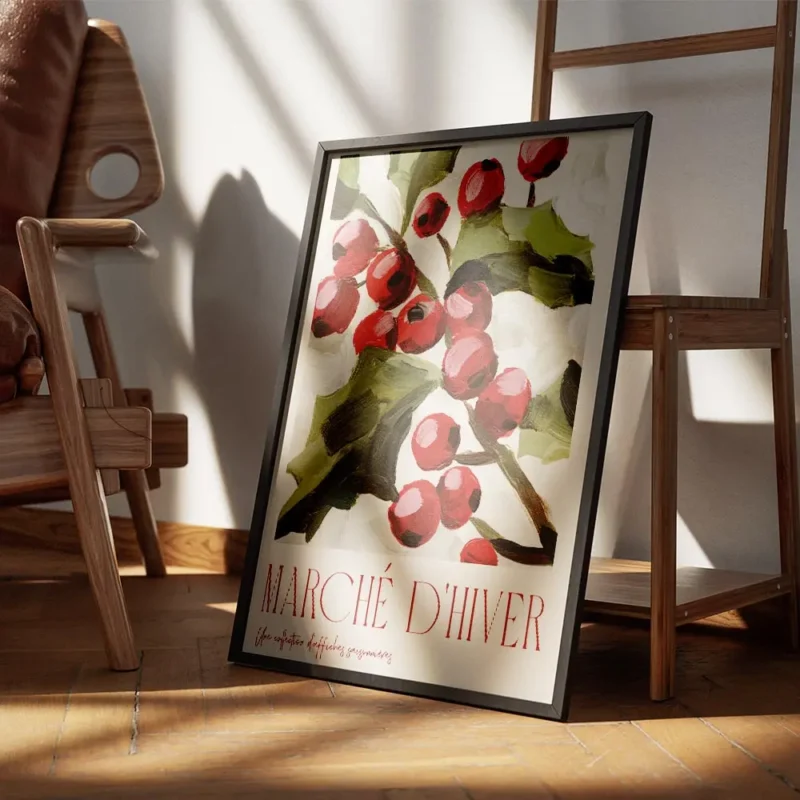 affiche de baies rouges et feuilles vertes sur fond beige avec le texte marche d encadre.webp