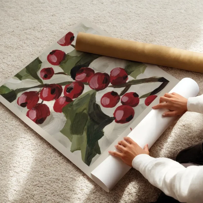 affiche de baies rouges et feuilles vertes sur fond beige avec le texte marche d enroule.webp