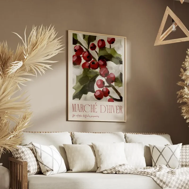 affiche de baies rouges et feuilles vertes sur fond beige avec le texte marche d salon.webp