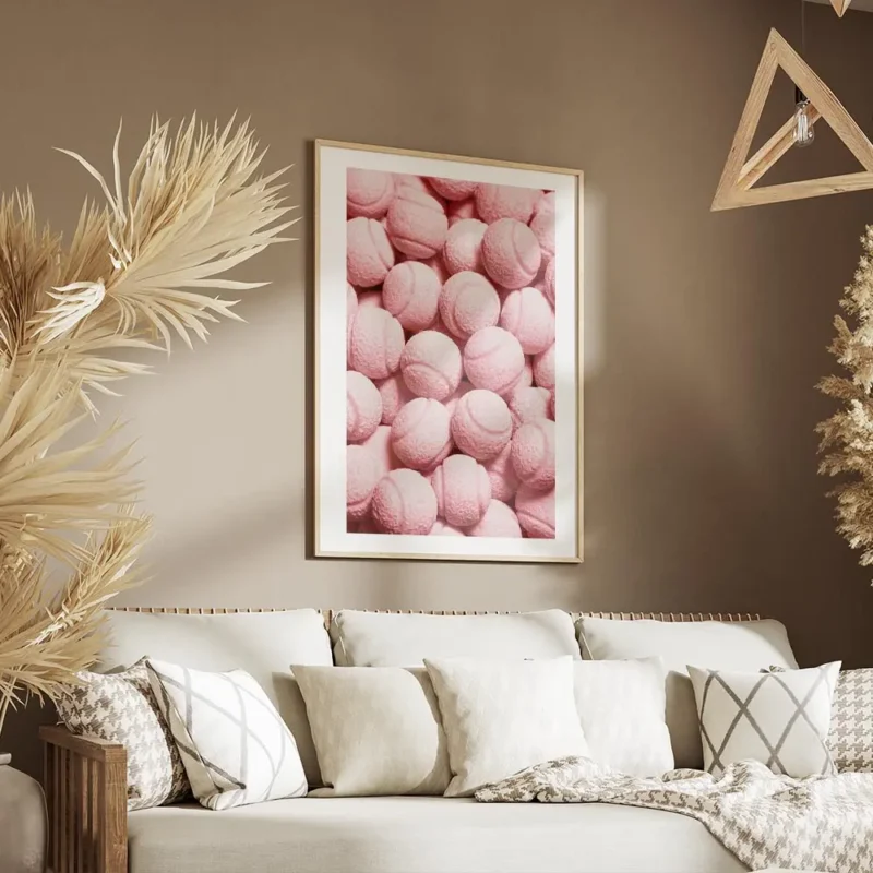 affiche de balles de tennis roses avec une texture granuleuse pour les amateurs salon.webp