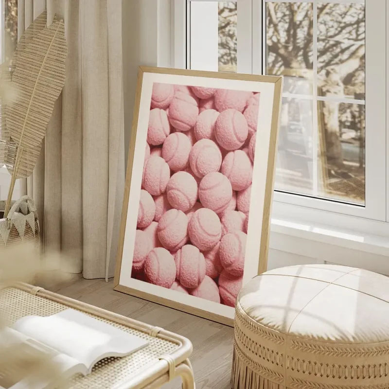 affiche de balles de tennis roses avec une texture granuleuse pour les amateurs salon beige.webp